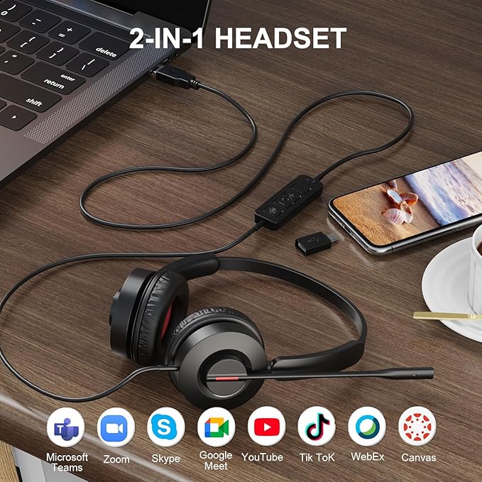 MAIRDI USB Headset with Microphone, PC Headset with Mic Noise Cancelling, Wired Computer Headset with Mute for Laptop Business Work Home Office Call Centers Teams Zoom Comfort