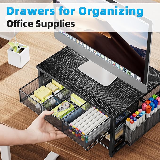 Marbrasse Wood Printer Stand for Desk, 2-Tier Desktop Printer Table for Home Office, Printer Stand with Storage Drawer 2 Pen Holders, Multi-Purpose Desk Organizer for Fax Machine Scanner (Wood Black)