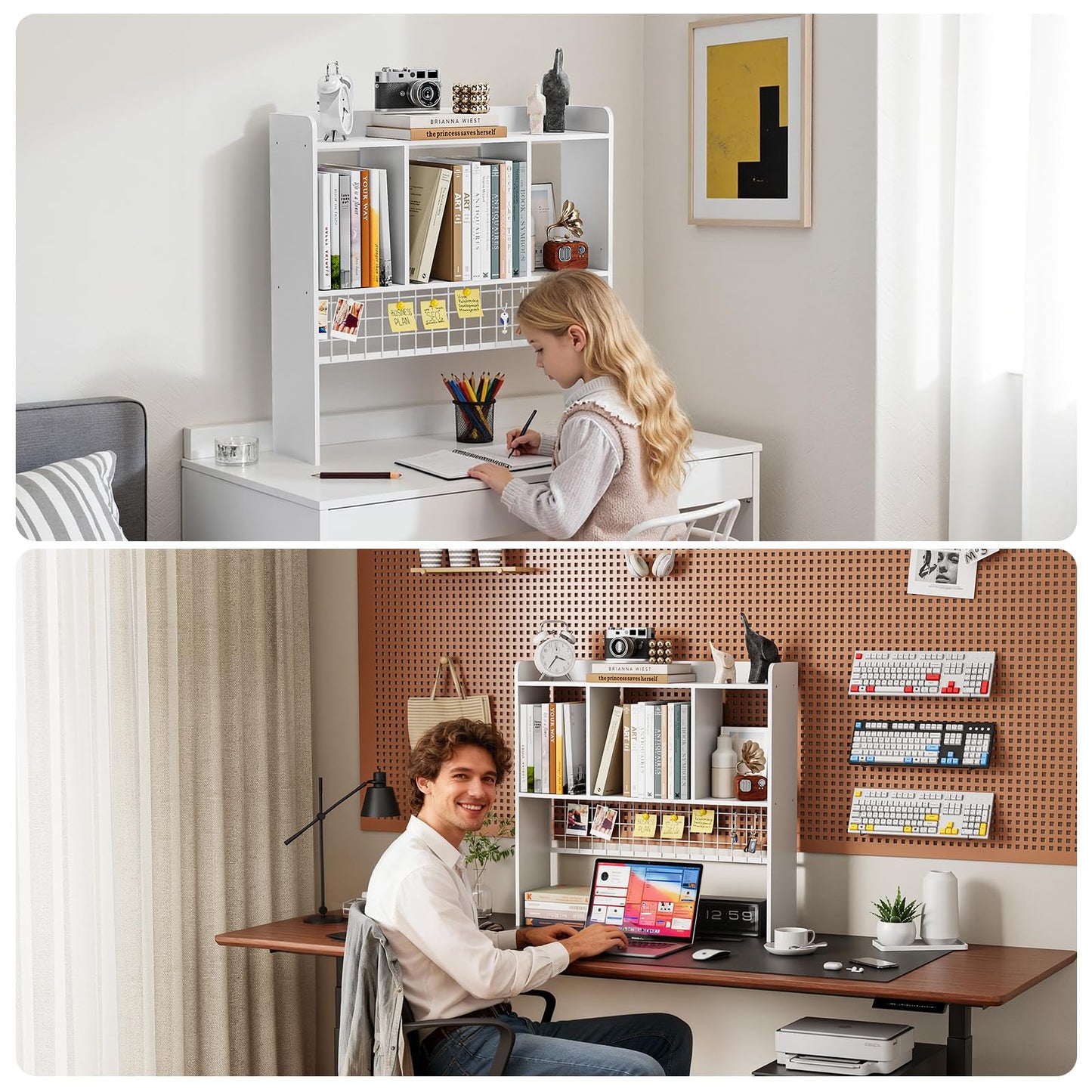 FNBAR Desktop Bookshelf,Countertop Storage Hutch with 3 Shelves for Computer Desk,2-Tier Display Rack with Grid Panel, Multipurpose Wood Desk Hutch Storage Organizer for Home Office Dorm (White)