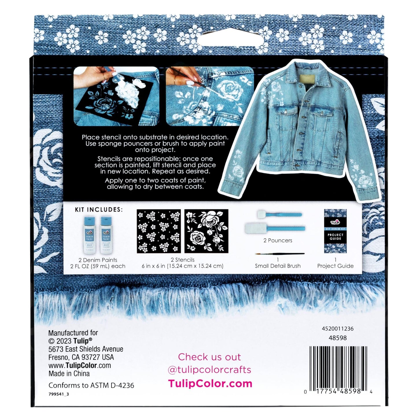 Tulip Denim Paint Stencil Kit, Permanent Paints, Beginner Friendly Craft Kit, Includes Stencils, Pouncers, Brush Tools and Easy Project Guide, 8 Pieces