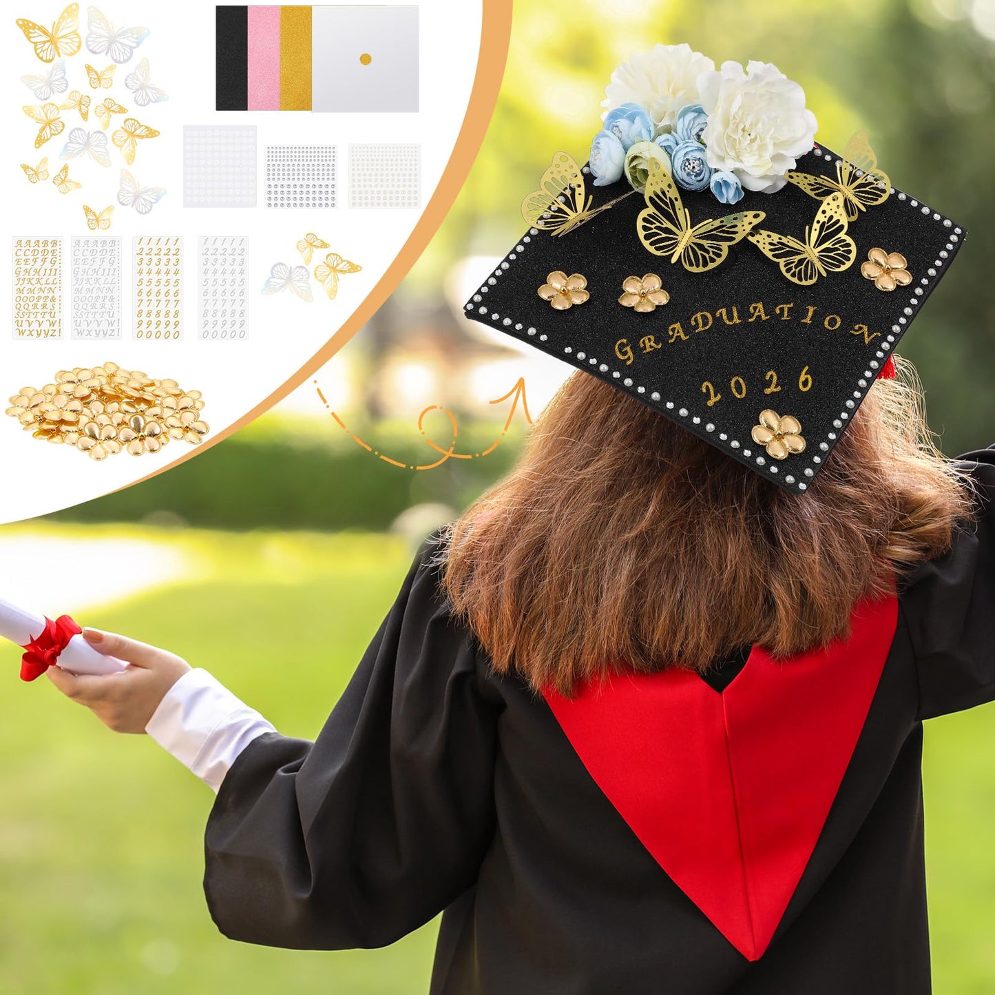 Colarr 68 Pcs Graduation Cap Decorations Kit 2026 Glitter Construction Paper Gold Artificial Flower 3D Butterfly Stickers Glitter Rhinestones Alphabet Letter Number Stickers for DIY Grad Cap Topper