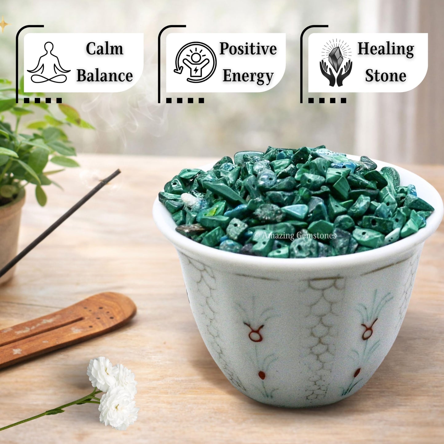 Malachite Pre Drilled Crystal Crushed Chips Beads for Bracelets Making, DIY Handmade Natural Healing Crystals (25 Inch Strand)