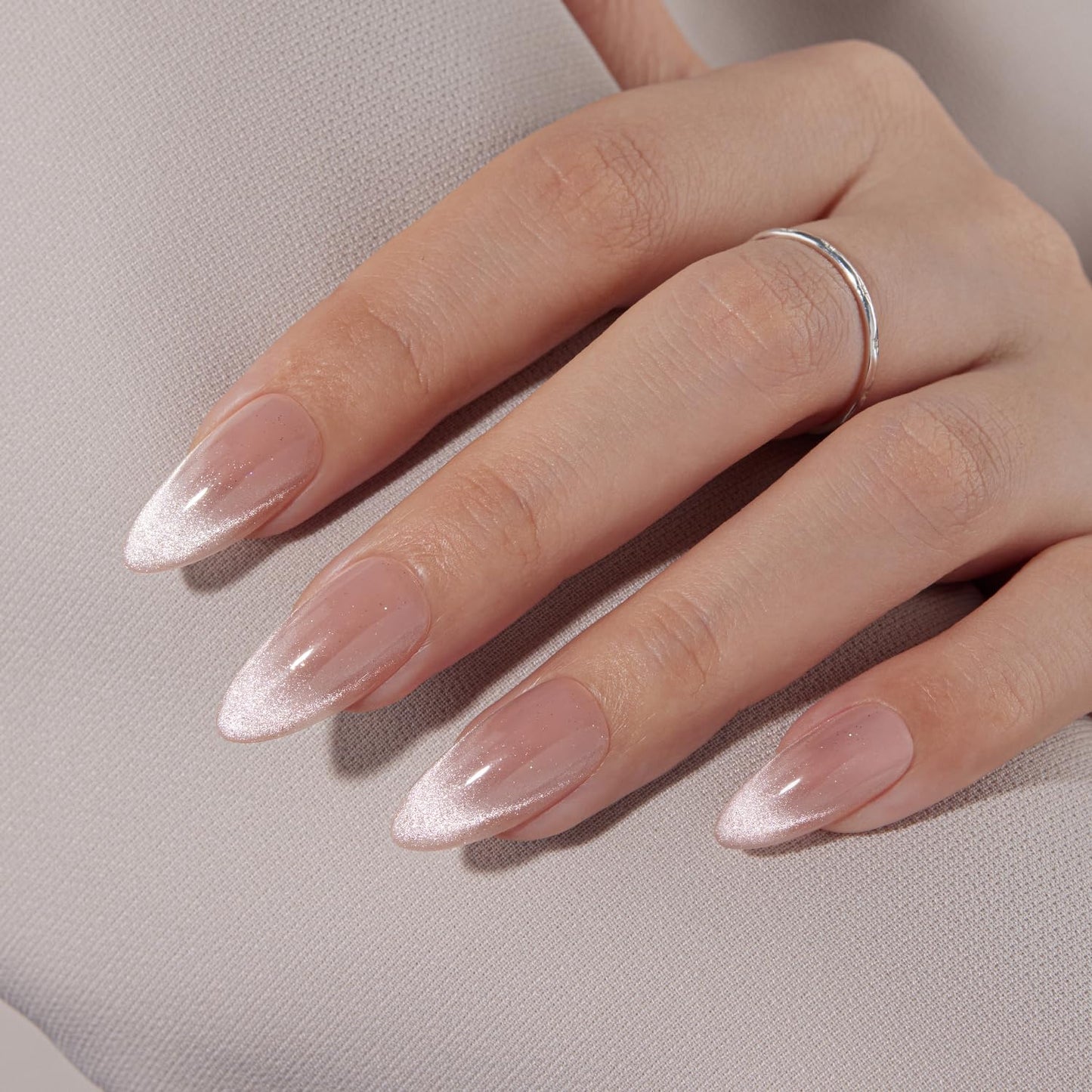 VSALON Press On Nails Almond Medium, Cat Eye French Tip Nude Pink Sparkly Fake Nails With UV Glue Reusable Semi-transparent Spring Wedding Stick On Nails 32 Pcs 16 Sizes