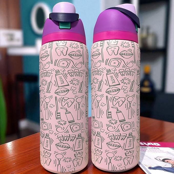 Dental hyginiest tumbler 40oz tumbler Tooth tumbler Dental water bottle Gift for dentist Gift for dental hyginiest Office gift (Light pink/Purple lid 32oz-Dental(K))
