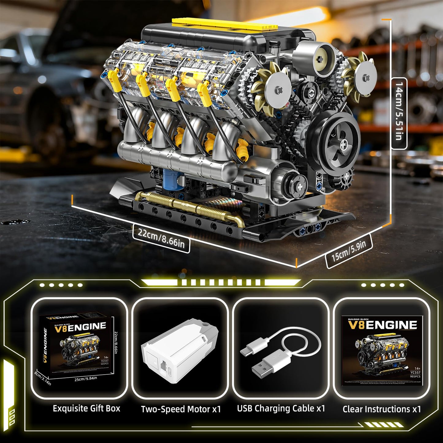 BseSparklion V8 Engine Model Kit that Runs, Visible Mini Car Motor Building Blocks Set for Adults, Compatible with Lego, STEM Physical Science Educational Toy for Teens Boys 14+ (905 PCS)