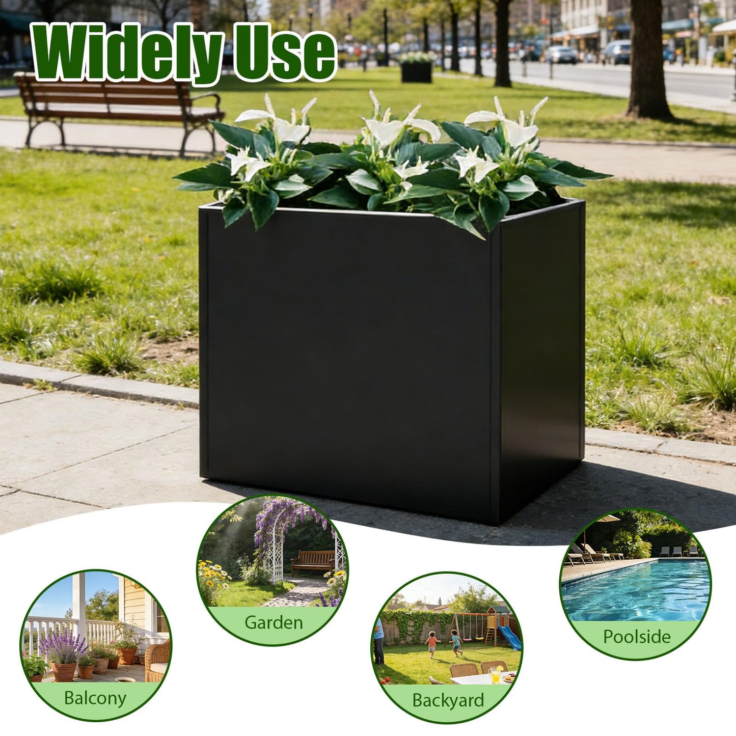Metal Rectangular Planter, Metal Planter Box, 38" L x 13" W x 30" H Large Heavy Duty Tall Black Planter Box with Drainage Holes and Adjustable Balancing Feet Ideal for Porch, Garden, Patio, Yard