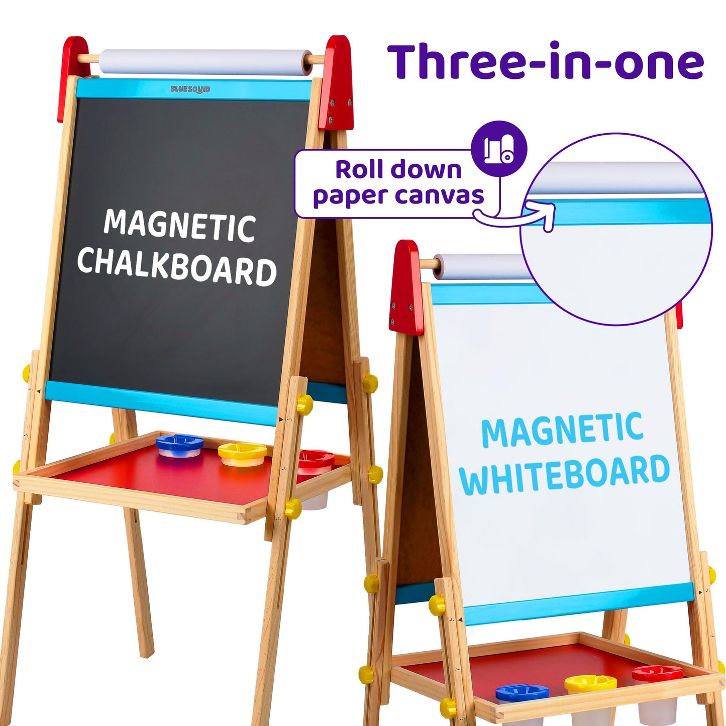Blue Squid Art Easel for Kids with Paper Roll x 3, Includes 100+ Accessories, Double Sided Adjustable Wooden Painting Easel with Magnetic Chalk Board, White Board for Toddlers Ages 3,4,5,6,7,8,9,10,12