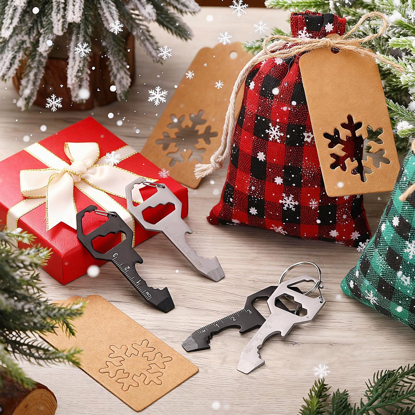 Potchen 8 Set Christmas Key Bottle Opener Multitool Gifts White Elephant Gifts for Men Adults Dad Include 16 Xmas 6 in 1 Keychain Tool EDC Gadget 8 Drawstring Bag with Tag Holiday Winter Party Favors