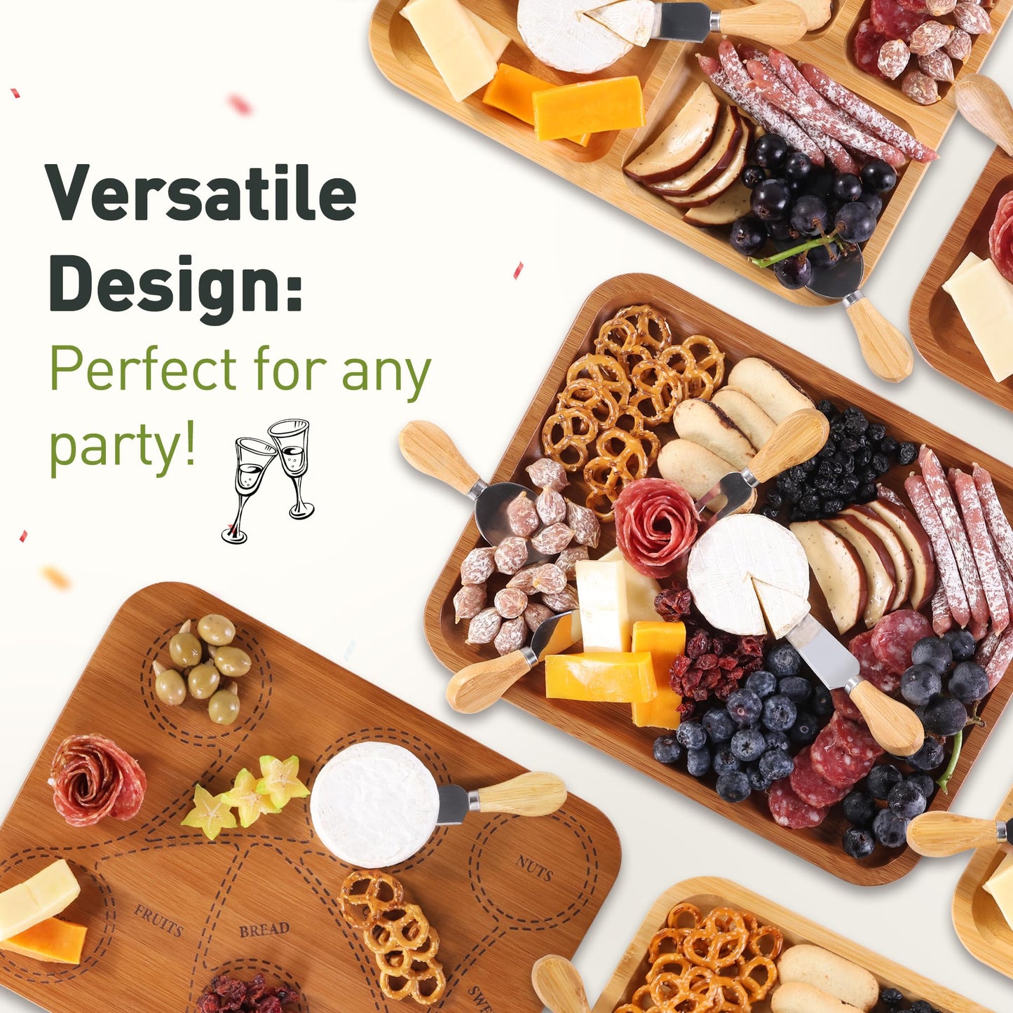 Charcuterie Board with Clear Lid, 2 Side Large Bamboo Cheese & Cutting Board for Kitchen, Includes 2 Plastic Cutting Mats & 4 Cheese Knives, Perfect for Snacks, Charcuterie Boards Gift Set