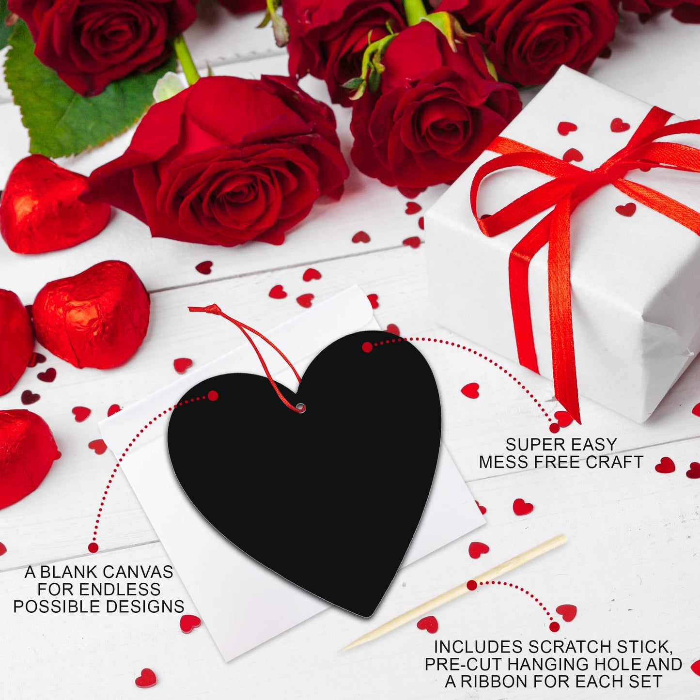 ArtCreativity 48 Pack Scratch Off Valentine Cards for Kids Classroom, Set of 48 Valentine Cards Ink-Free Scratch Off Hearts with Sticks, Red String, and Envelopes, Valentines Crafts