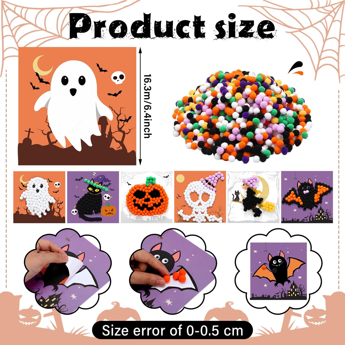 LaRandom 30 Sets Halloween Craft Kit DIY Pom-poms Art Make Your Own Pumpkin Ghost Witch Bat Skeleton Cats Crafts for Halloween Party Supplies Tricks or Treats Activities