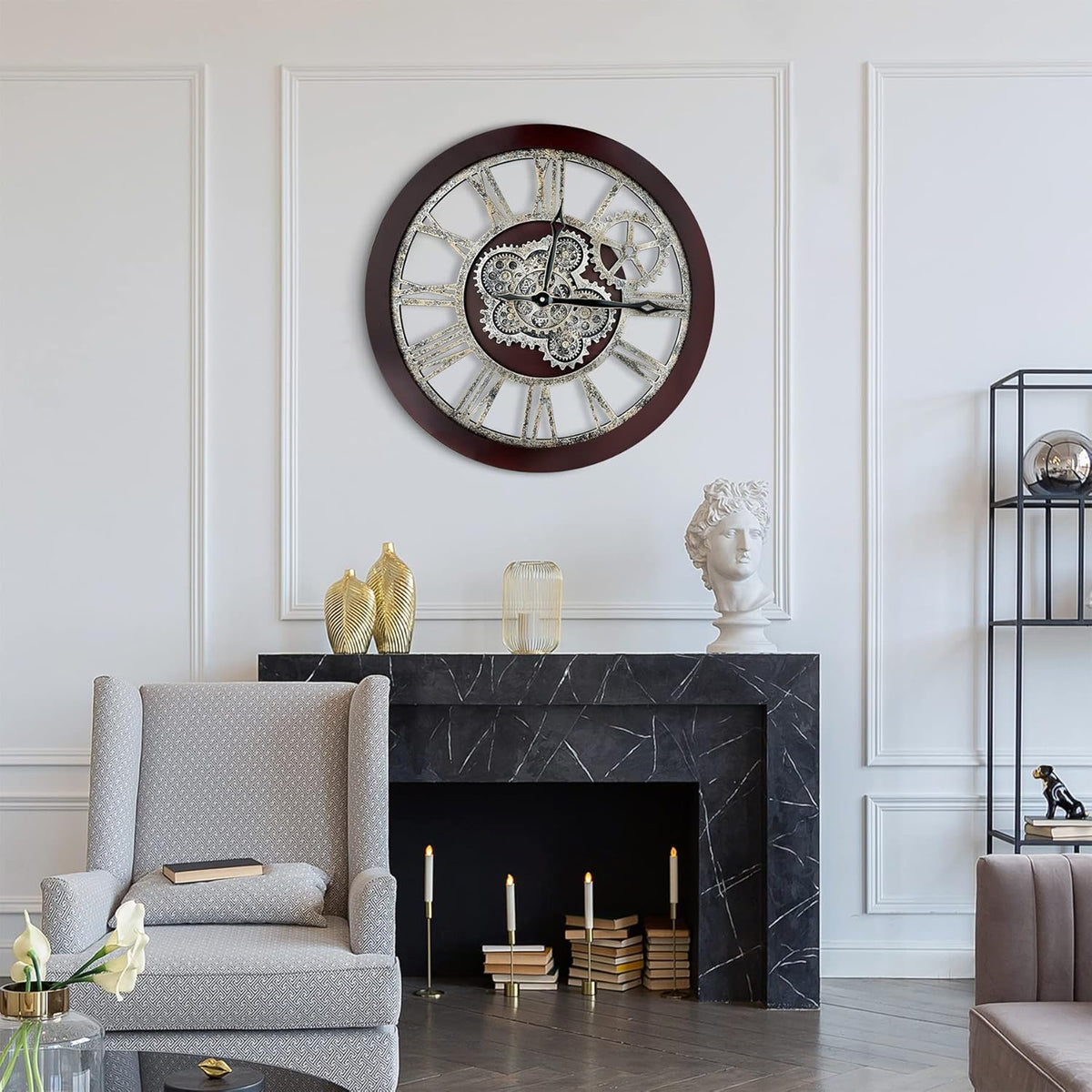HOIBAI Wall Clock, Clocks for Living Room Decor 20 Inch Big Moving Gears Clock Farmhouse Vintage Rustic Wall Clock Vintage Roman Oversized for Home Bedroom House Kitchen Wall Decor