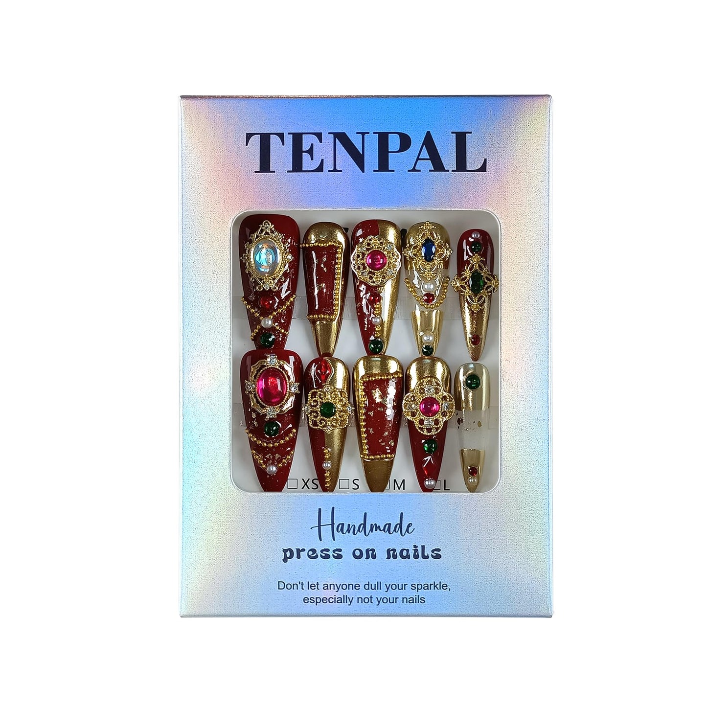 TENPAL Imperial Bridal Press On Nails Long Stiletto,Phoenix Vermeil Ruby Filigree Designs Glue on Nails,Heirloom Cameo False Nails 10Pcs with Tools Kit,Reusable Wedding Fake Nails for Bride Matron(S)