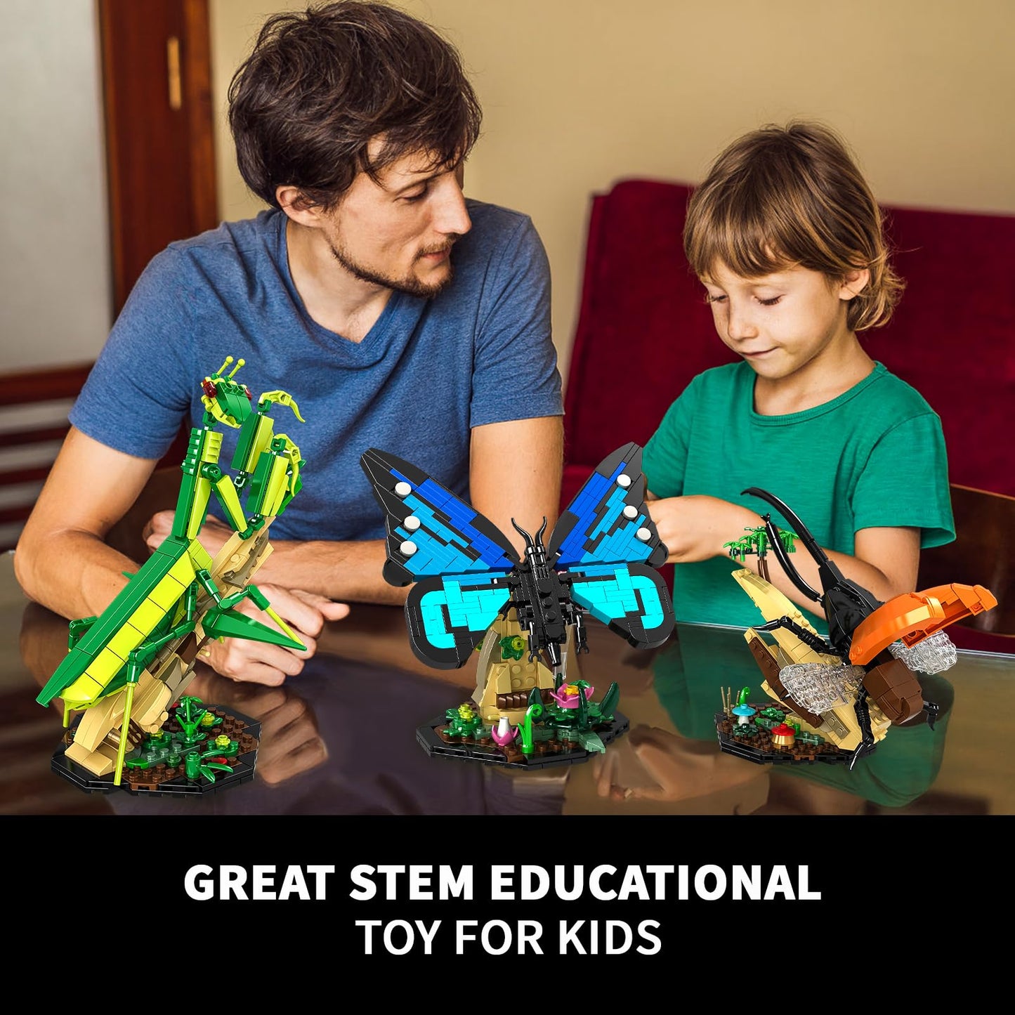 Insect Collection Building Toy Set, with Life-Size Blue Butterfly, Mantis and Beetle Display Models, Fun Gift for Nature Lovers, Bug Building Office Home Decorative, Gifts Ideal for Adults Kid 6+