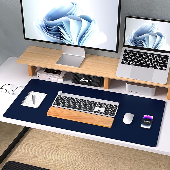 Aothia Leather Desk Pad Protector, Mouse Pad, Office Desk Mat, Non-Slip PU Leather Desk Blotter, Laptop Desk Pad, Waterproof Desk Writing Pad for Office and Home(Dark Blue,31.5" x 15.7")
