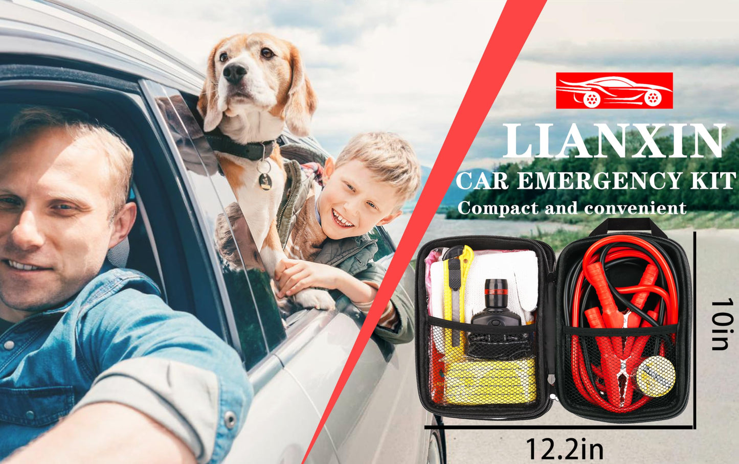 LIANXIN Car Roadside Emergency Kit,Car Safety Roadside Assistance Kit Jumper Cables, Headlamp,Tow Straps,Art Knife,Grey Automotive Emergency Kits