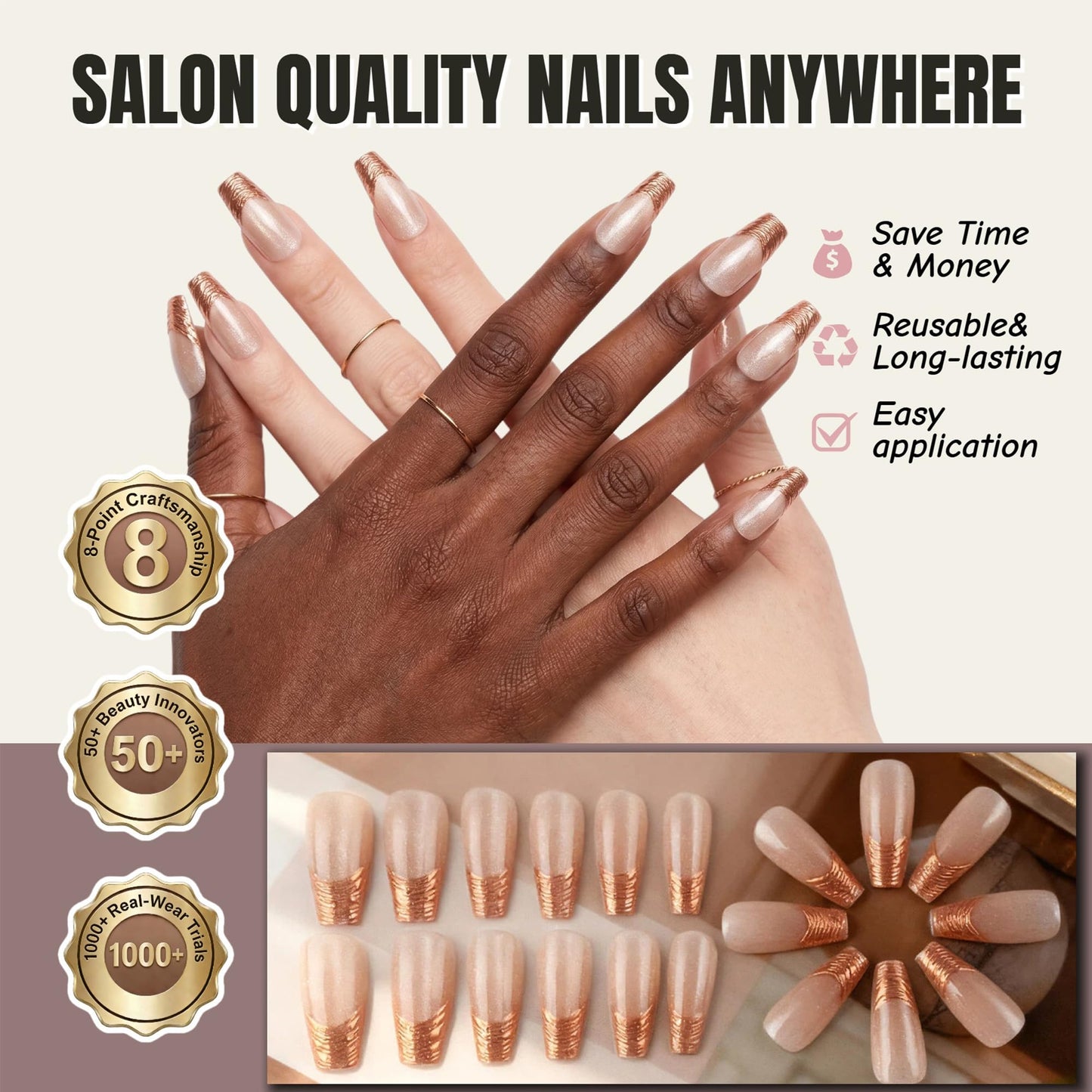 Taoyisent Cat Eye Gold Foil Press On Nails Medium Square Soft Gel Reusable Fake Nails 30PCS Nude Pink Magnetic Glossy Nails Kit