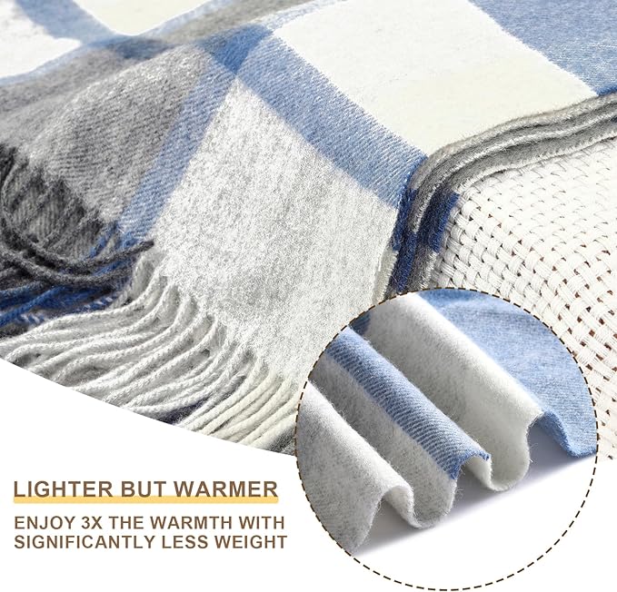 Throw Blanket Plaid with Carry Bag | Soft Wool Travel Blanket 55"x83" 1.5lbs | Blue Plaid Decorative Throw for Couch, Camping & Gift