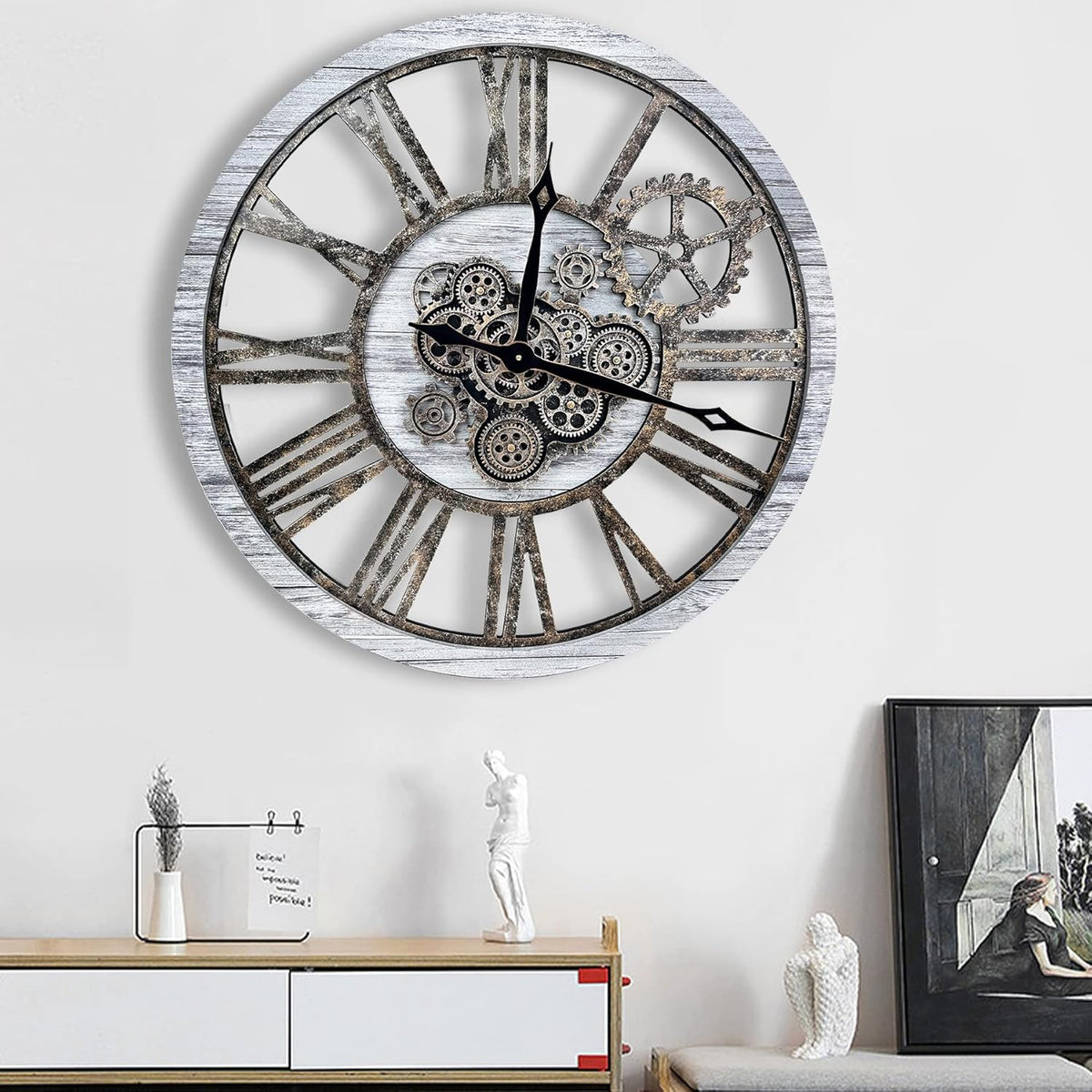 The B-Style Large Real Moving Gears Wall Clock 30 inch Rustic Retro Industrial Farmhouse Wood Clock Oversized Decorative Vintage Wall Clocks for Living Room (Gray White, 30 Inch/76CM)