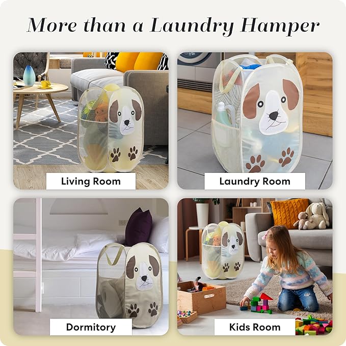 Handy Laundry Collapsible Mesh Pop-Up Hamper with Wide Opening and Side Pocket - Breathable, Sturdy, Foldable, Space-Saving Design (Puppy)