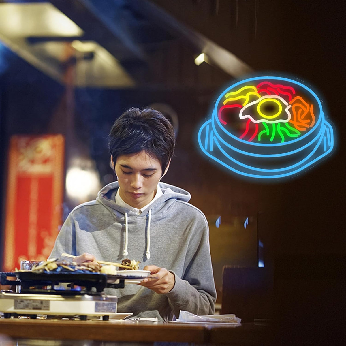 LISIGNVE Bibimbap Neon Sign USB Korean Food Led Light Up Sign Korean Bibimbap Neon Light for Restaurant Kitchen Diner Room Business Wall Decor(16.5”*12.6”)