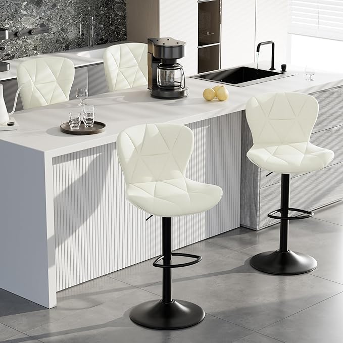 Bar Stools Set of 6,Adjustable Swivel Barstools, Faux Leather Bar Chairs,Upholstered Counter Height with High Backrest for Kitchen Island,White