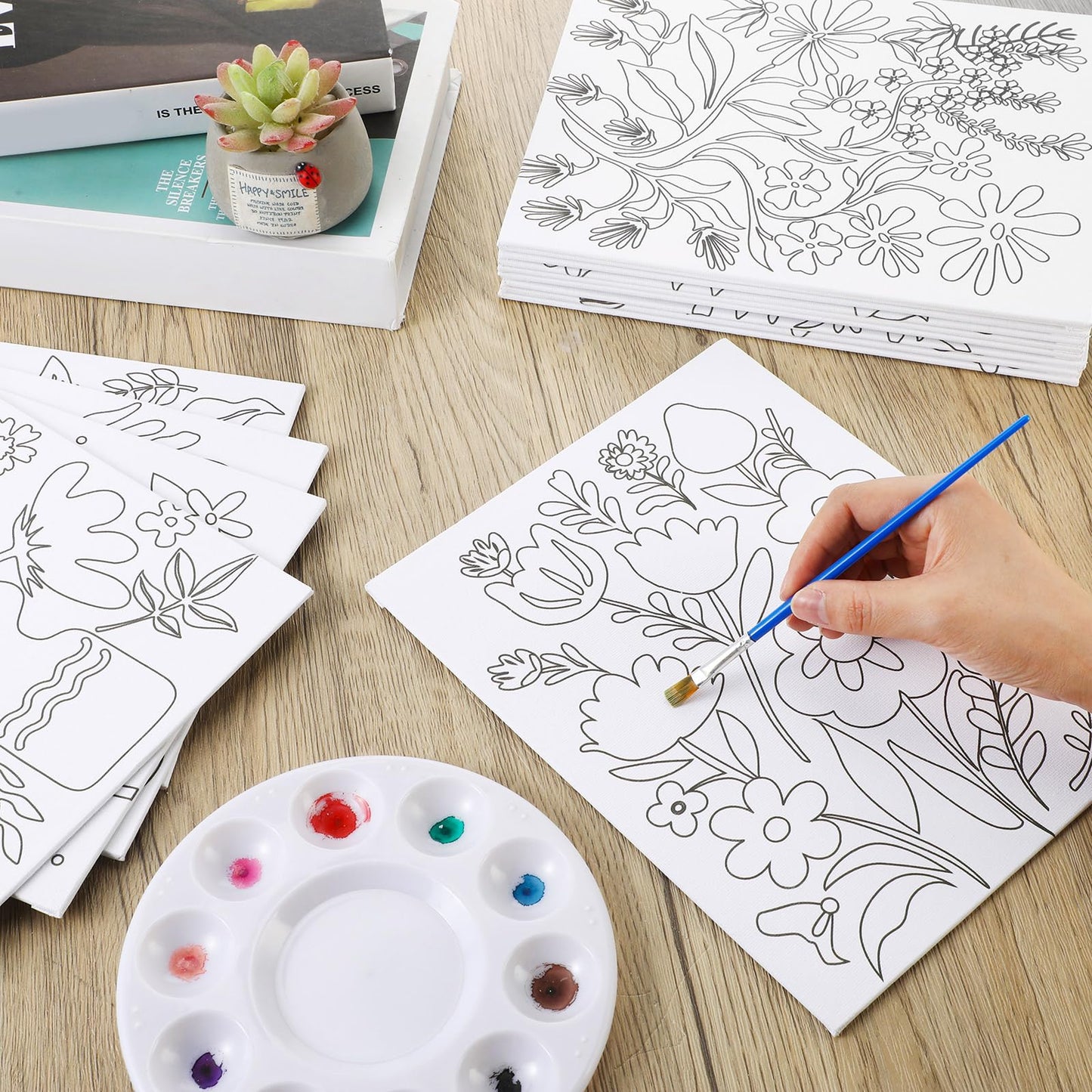 Sherr 20 Pcs Stretched Pre Drawn Canvas Afro Queen Black Art for Painting for Adults Outline Pre Drawn Stretched Cotton Canvas to Paint Party Set, 8 x 10''(Floral)