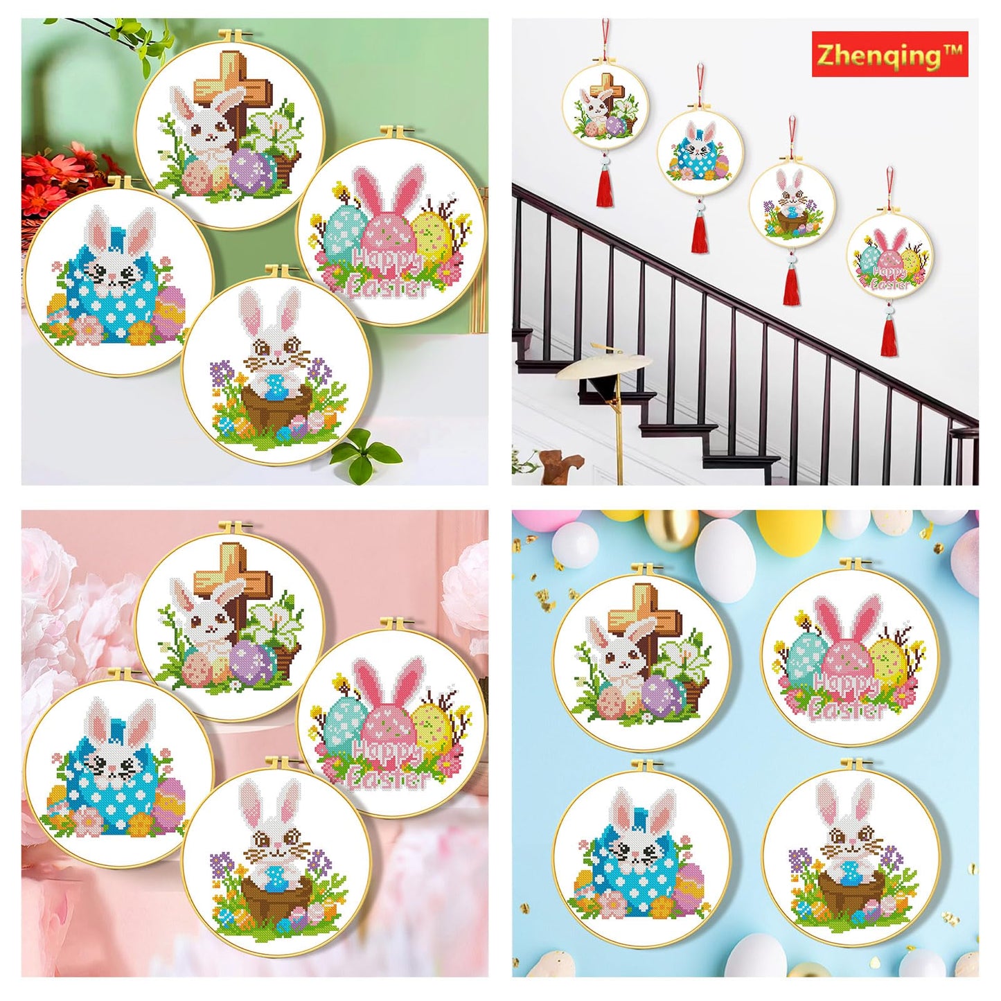 Zhenging Easter Cross Stitch Kit with 4 Bunny & EggPatterns -9.45x9.45 Inch Hoop, Pre-Printed Fabric,Threads, Tools -DlY Easter Craft Gift for Adults, HomeDecor