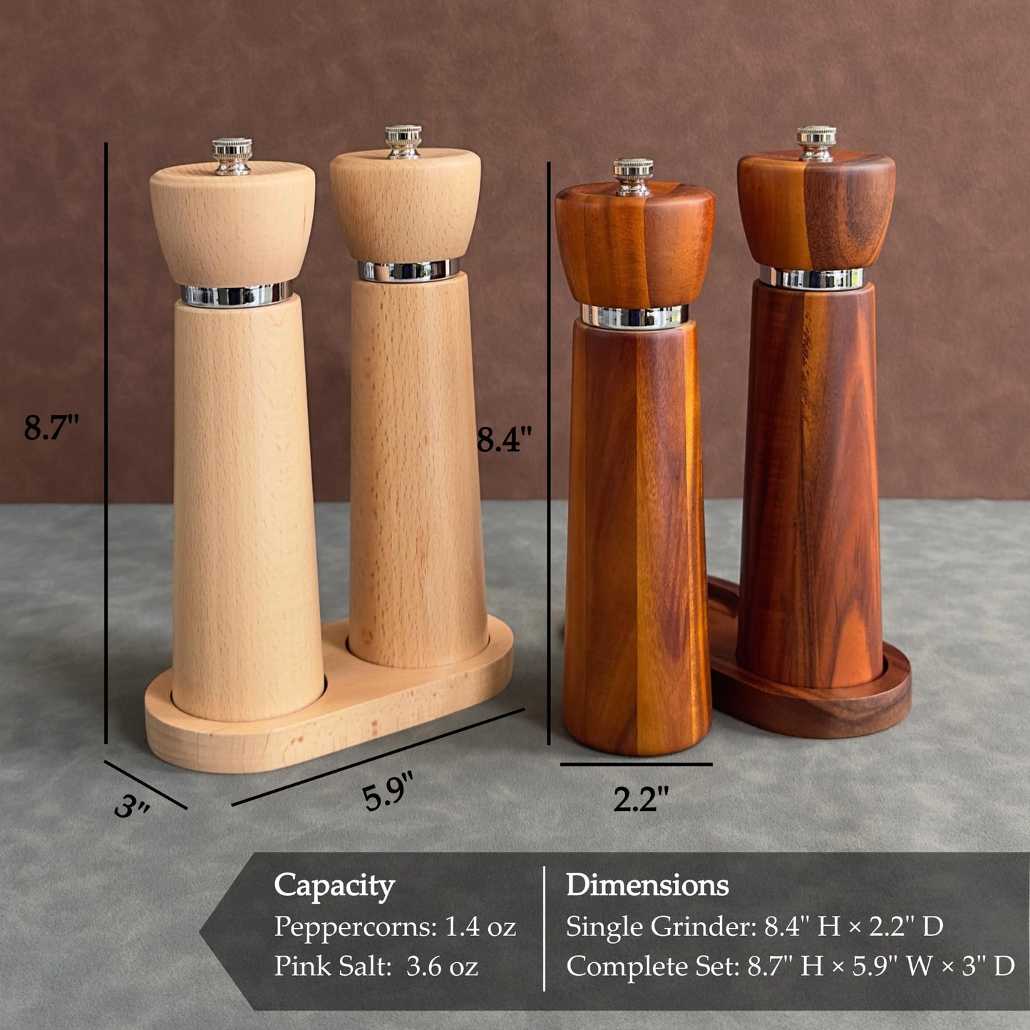 TLYSXPRO Wooden Salt and Pepper Grinder Set – Refillable Salt and Pepper Mill with Adjustable Upgraded Large Size Ceramic Burr – Manual Pepper Grinder with Acacia Wood Body – 8.3” Tall