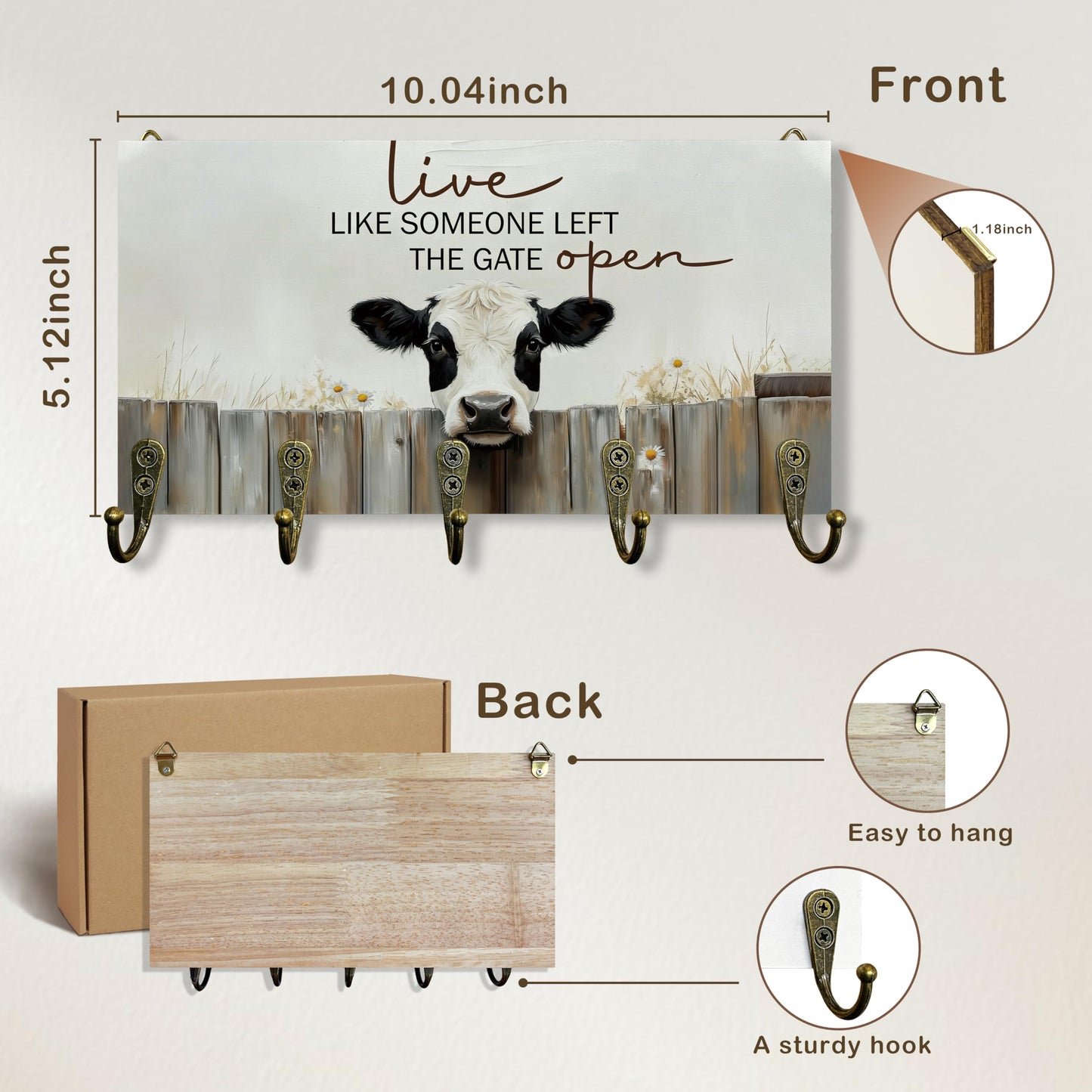 Beliran Cow Gifts Key Holder for Wall 10"x5.12", Cow Decor Key Hanger Wall Mount, Live Like Someone Left The Gate Open Rustic Farmhouse Cows Wooden Hanging Keys Holder Decor for Entryway