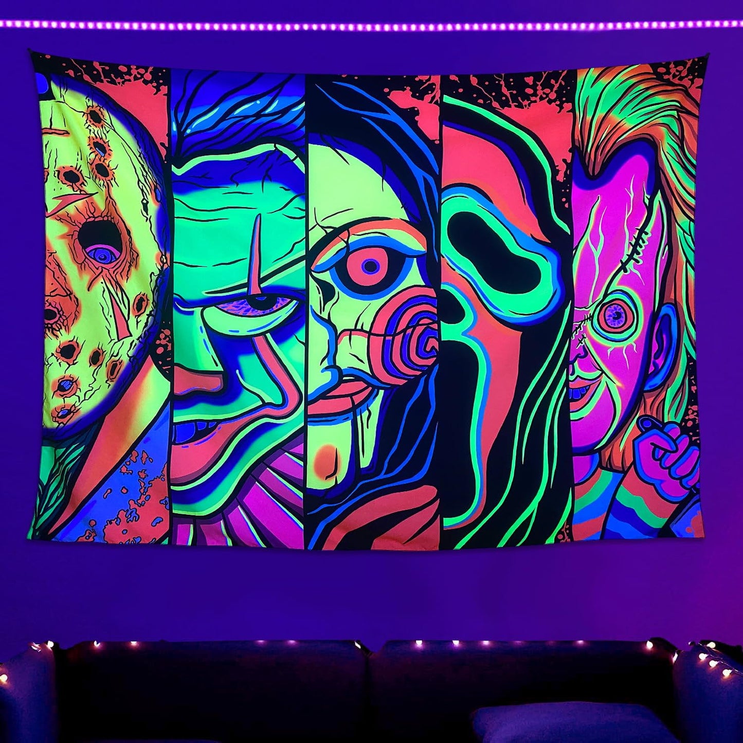Black Light Art Halloween Wall Decor Trippy Blacklight Horror Face Tapestry, UV Reactive Tapestries Glow in The Dark Party Tapestry for Bedroom, Living Room (51" x 59")