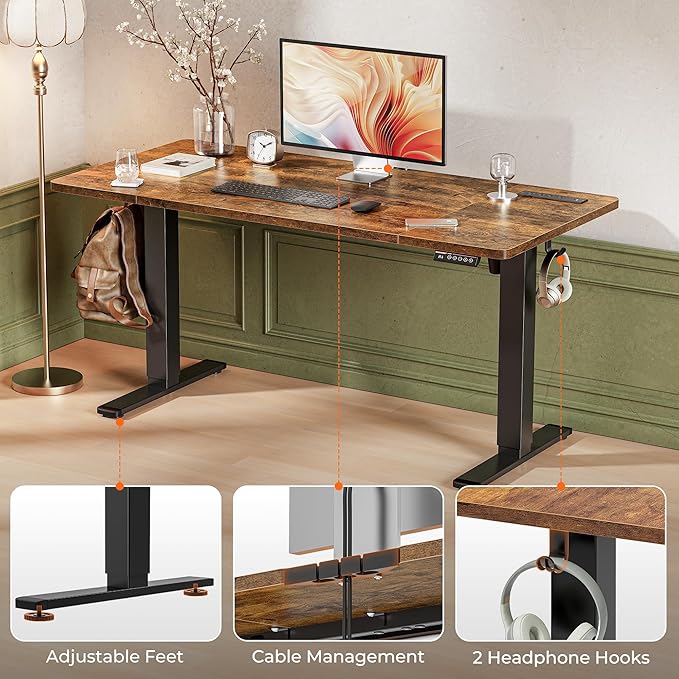 Huuger 55 x 28 Large Electric Standing Desk with 4 AC Outlets, Type-C Port, Height Adjustable Computer Desk, 27.6" Deep Desktop, Stand up Gaming Office Desk, 3 Preset Heights, Rustic Brown