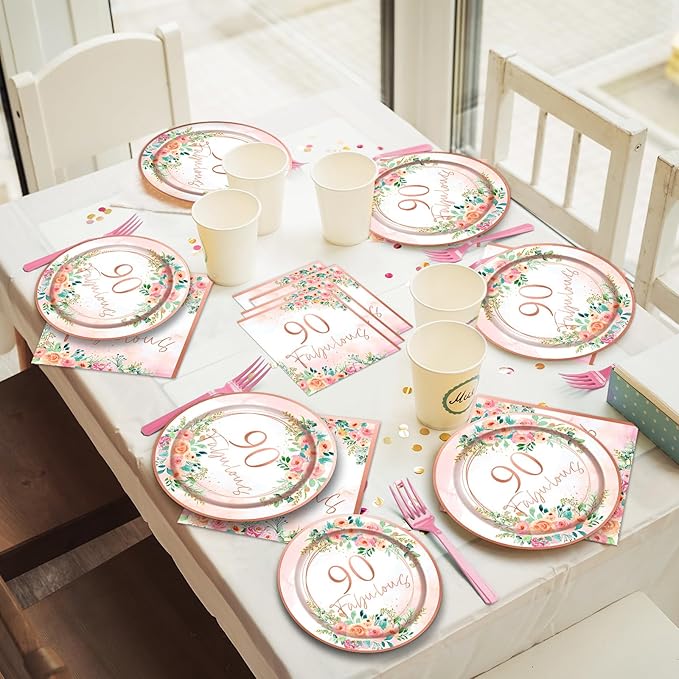 OBUSATT 96Pcs Floral 90 Fabulous Party Supplies 90th Birthday Paper Plates Napkins Rose Gold Party Decorations 90 Years Dinnerware Party Favor Women 90th Tableware Serves 24