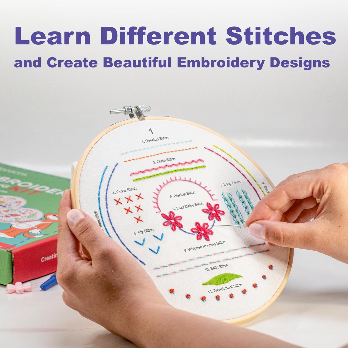 Azenera Beginner Embroidery Kit (4 Pack) Learn 33 Stitches with Easy DIY Video Tutorials, Coloured Design Patterns, Thread Floss, Cross Stitch Hoop, Gift (AZA100)