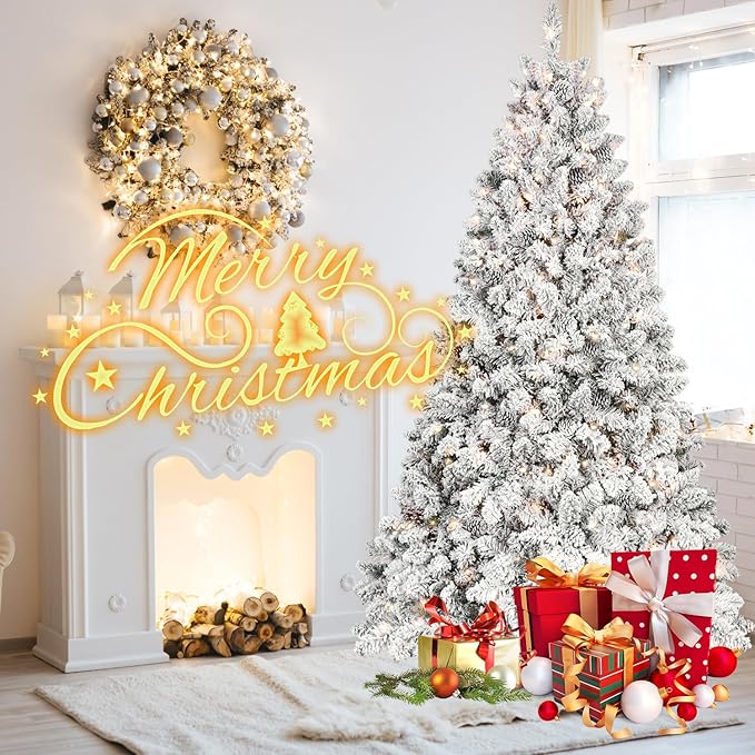 9FT Prelit Flocked Christmas Tree with 850 Lights & 2240 Branch Tips, Pre Lit Hinged Xmas Tree with Memory Wire Technology, Premium Artificial Christmas Tree with Pine Cone for Holiday Decoration