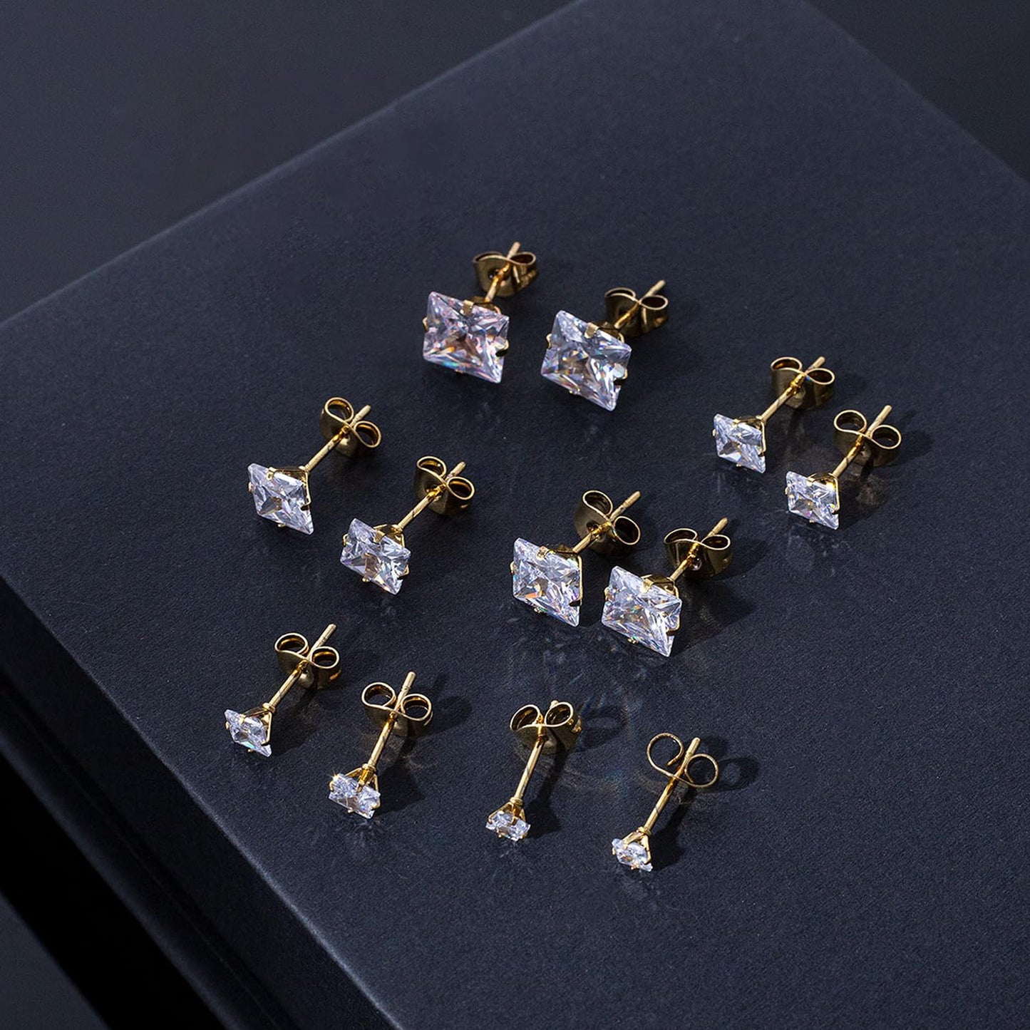 6 Pairs Square Earrings, Princess Cut Earrings Set for Men Women, Hypoallergenic 14K Gold Plated Surgical Steel Clear Cubic Zirconia Stud Earrings for Multiple Piercing Sensitive Ears CZ Size 3-8mm