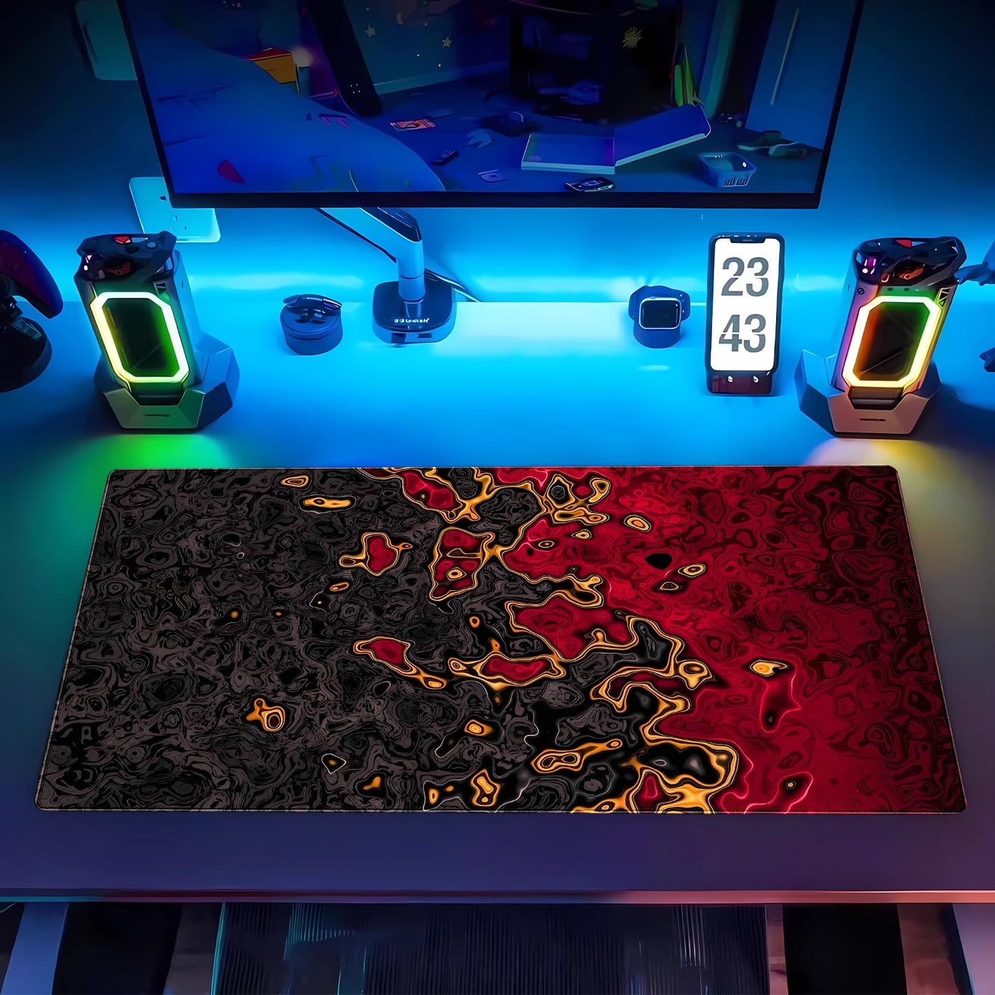 Shalysong Red and Black Large Gaming Mouse Pad, Fluid Abstract Art Desk Mat 31.5x15.7 inch, Extended XL Non-Slip Micro-Fiber Surface with Natural Rubber Base for Computer Laptop, Home or Office Use