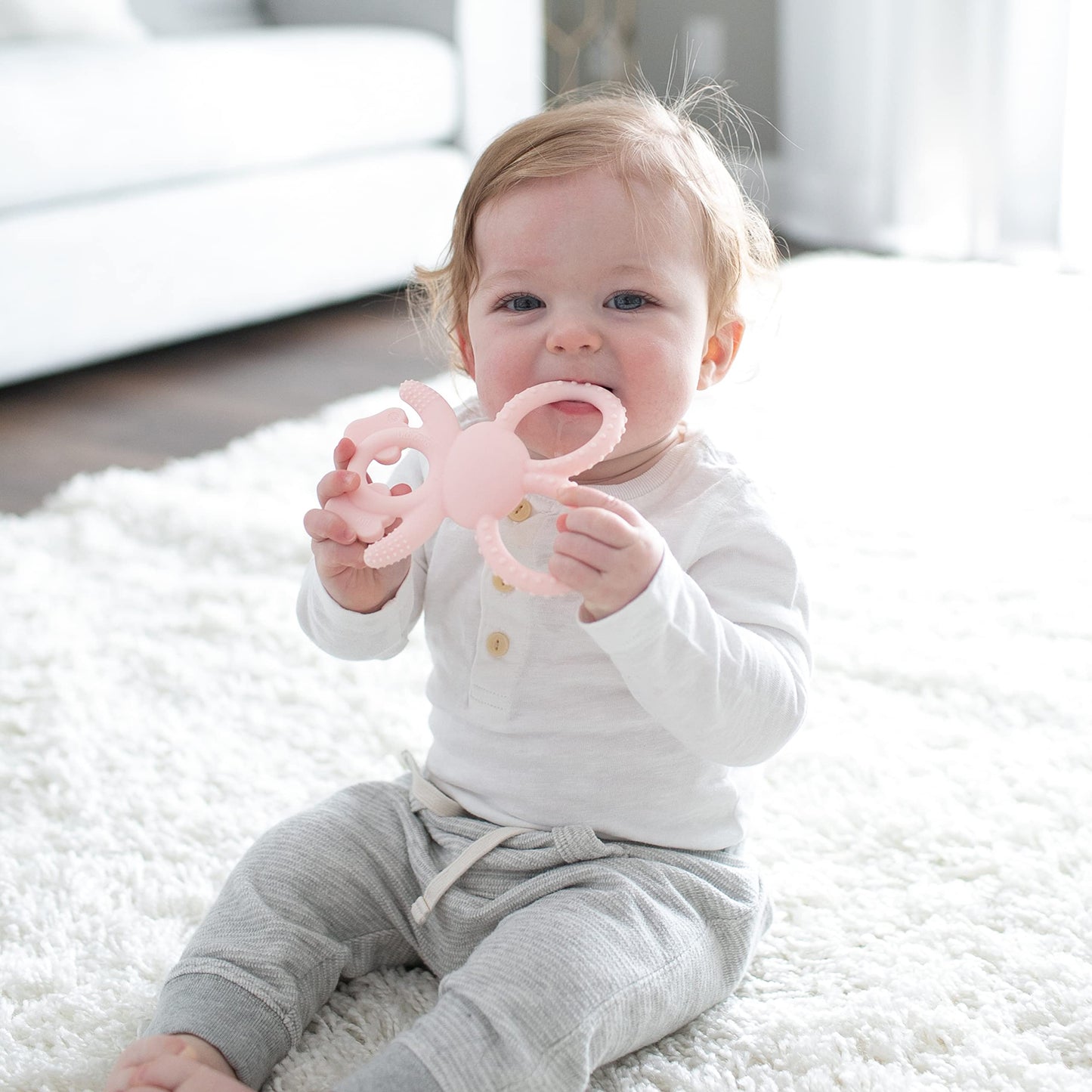 Dr. Brown's Flexees Gray & Pink Bunny Silicone Baby Teethers, BPA Free, for 3 Months+ Babies