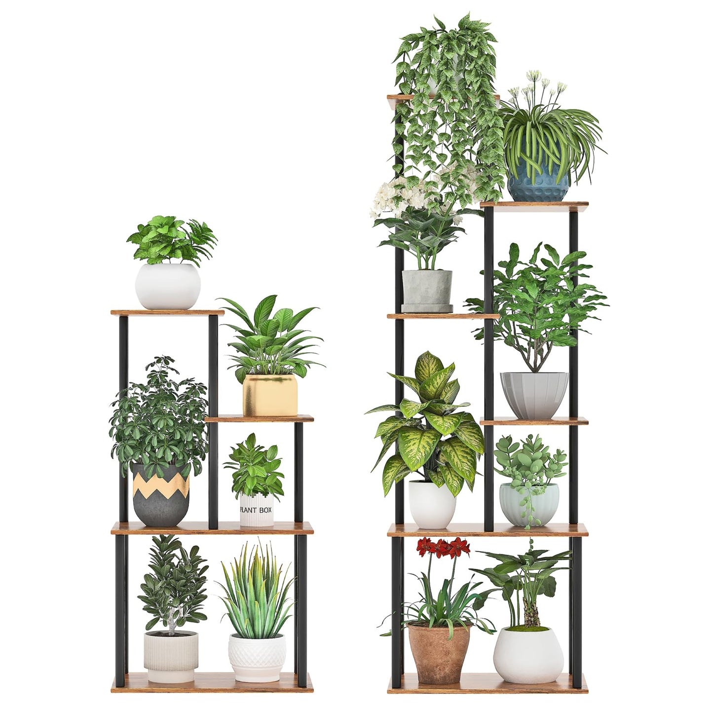yeavs Plant Stand Indoor, 4-Tier Plant Shelf Multiple Metal Wood Flower Pot Holder for Living Room Office Balcony Patio, Rustic Brown