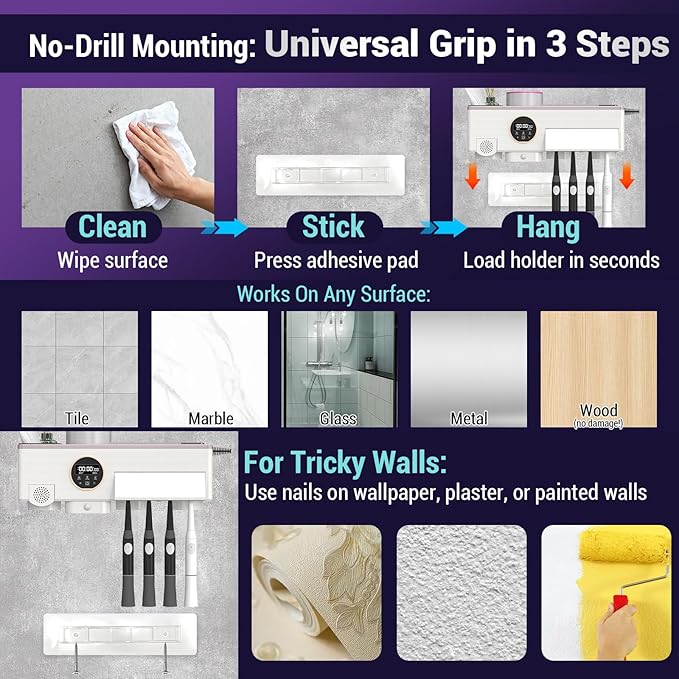 Toothbrush Cleaner and Holder for Bathrooms Wall Mounted with Fan Drying&30min Timing Function Cruise Air Drying,Electric Toothbrush Holder with 4Toothbrush Slots,Toothpaste Dispenser with Led Smart