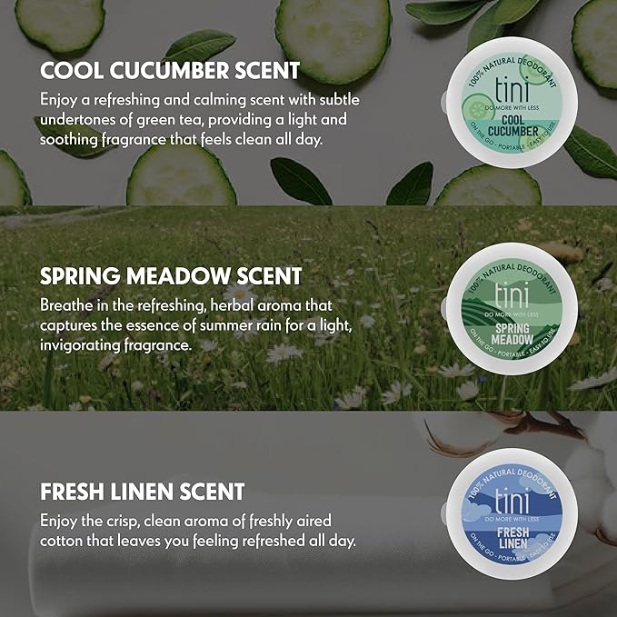 Tini Naturals Mini Travel Size Deodorant, Unisex Aluminum Free Deodorant with Coconut Oil & Shea Butter, 0.4oz each (12 Pack), Cool Cucumber Scent