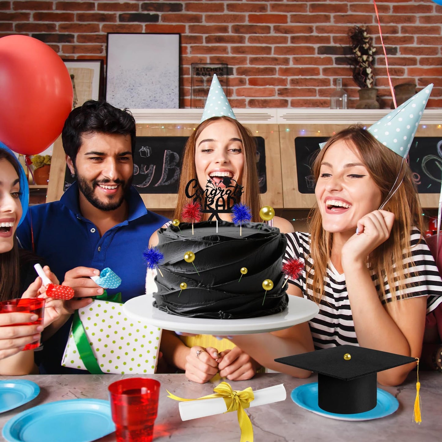 32PCS Graduation Cake Decorations Kit for Class of 2026 Includes Felt Tassel Caps, Firework Cupcake Toppers, Diploma and Balls, Black Theme Party Supplies for High School,College Celebrations (Black)
