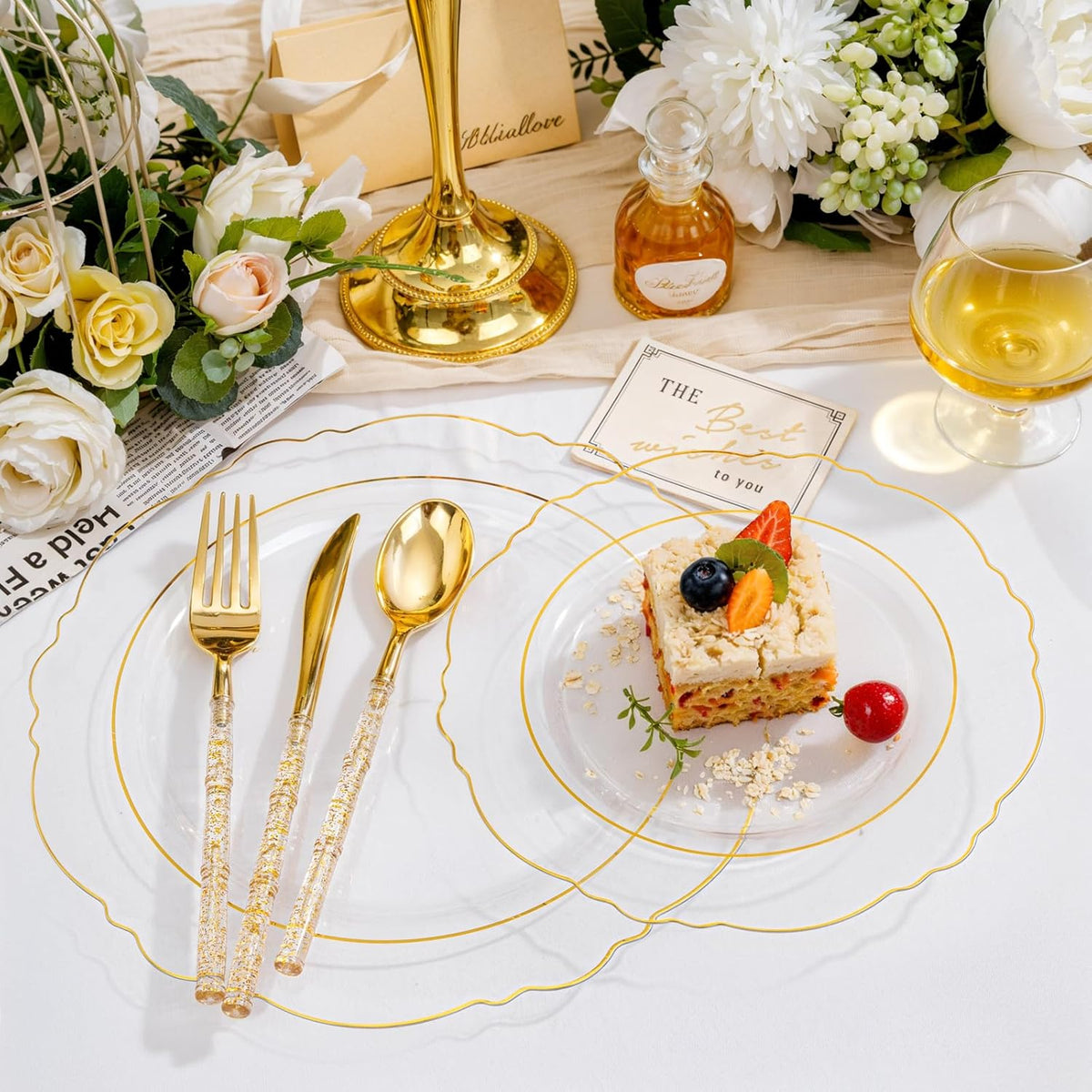Liacere 150PCS Clear Gold Plastic Plates - Disposable Plastic Silverware with Glitter Bamboo Handle Cutlery-Baroque Clear Gold Disposable Plates for Wedding & Party & Thanksgiving &Fall Decor
