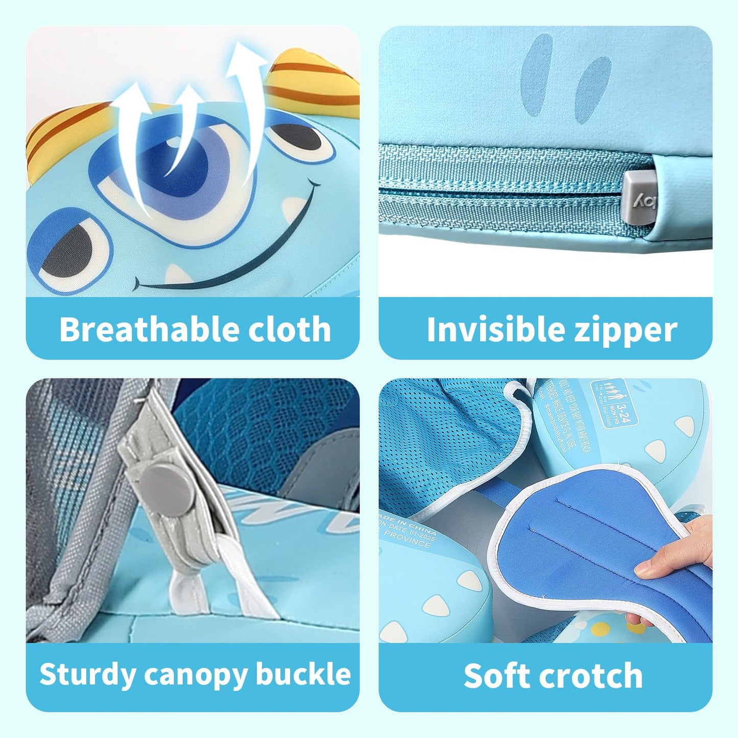 Mambobaby Float Add Tail No Flip Over Non-Inflatable Baby Swim Float Pearl Foam Solid Water Floats Smart Swim Trainer Infant Pool Float Swim Ring with Sun Canopy