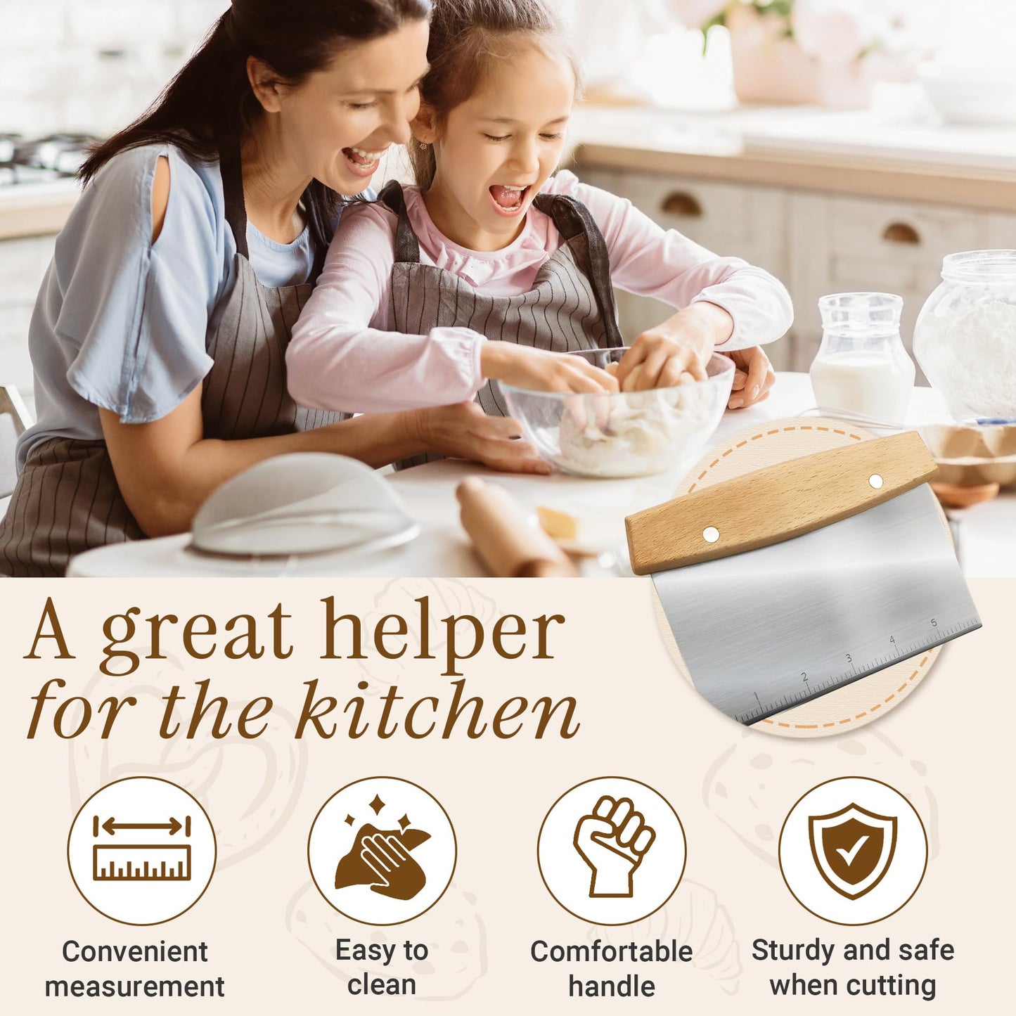 ROCKFEELTEE Multipurpose Bench Scraper, Dough Scraper and Dough Cutter for Flat Top Griddle, Bread, Pizza, and Pastry – Stainless Steel Griddle Scraper Chopper for Baking and Cooking