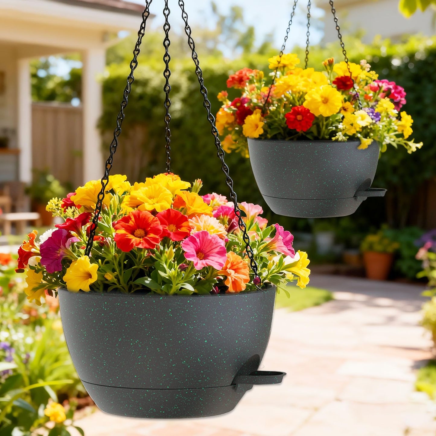 SQKH 10 Inch Hanging Baskets 2 PC with Chains, Self-Watering Hanging Planters for Indoor Outdoor Plants, Plastic Hanging Flower Pots,Black with Green Speckles