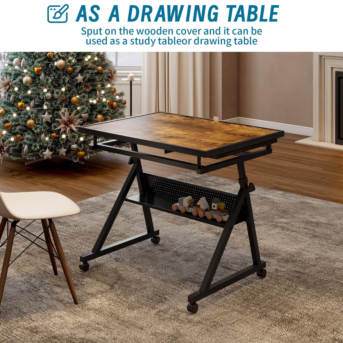Adjustable Height & Angle Puzzle Table with Wheels, Jigsaw Puzzle Board for Adults, Metal Puzzle Desk with 4 Felt Trays, Wooden Protective Cover and Storage Shelf, Portable Puzzle Table,Brown & Black