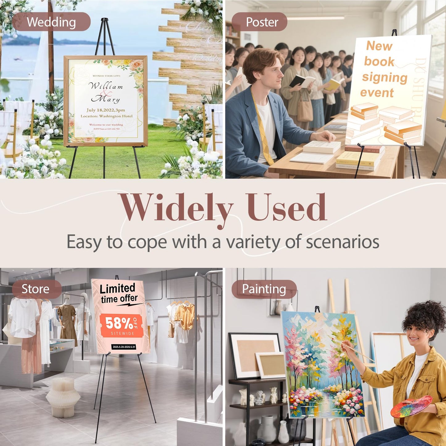 AZEAM 63" Easel Stand for Sign, 3 Pack Portable Easel for Painting, Foldable Black Metal Easel Display Stand Poster Holder Adjustable Sign Stand for Display Wedding Arts Poster