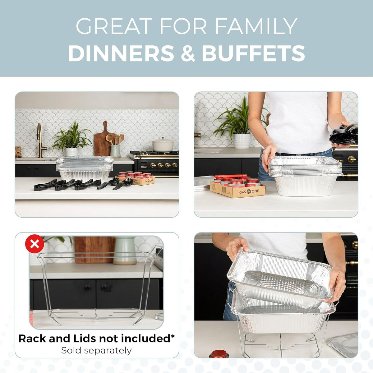 Alpha Living 6 Pack Refill Kit - Disposable Chafing Dish Buffet Set, Welded Body Food Warmers for Parties, Fuel Cans, Half Size Pans, Warming Trays
