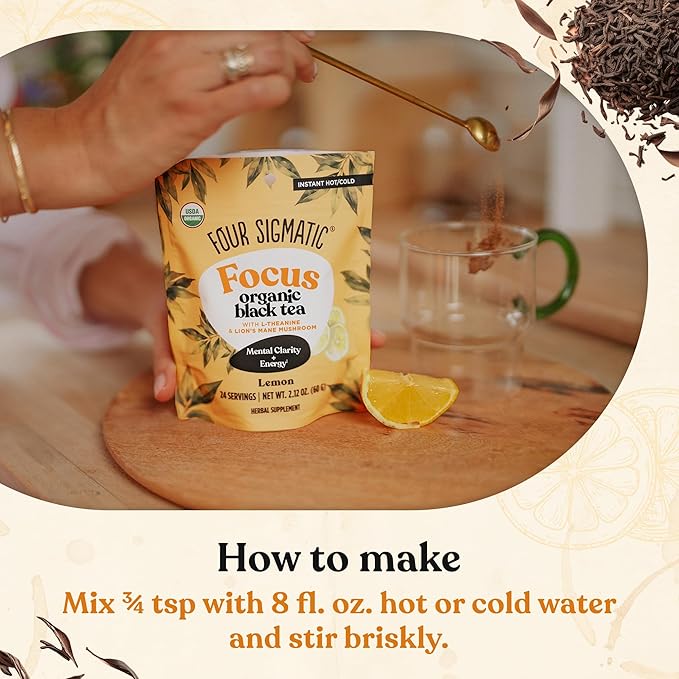 Four Sigmatic Think Organic Black Tea | Instant Lemon Tea w/Lion's Mane & L-Theanine for Mental Clarity & Focus | Organic Herbal Teas w/Adaptogens | Vegan, Gluten-Free | Lemon, 24 Servings